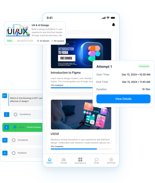 White-label learning app with online courses, quizzes, progress tracking, and test 
results cards.